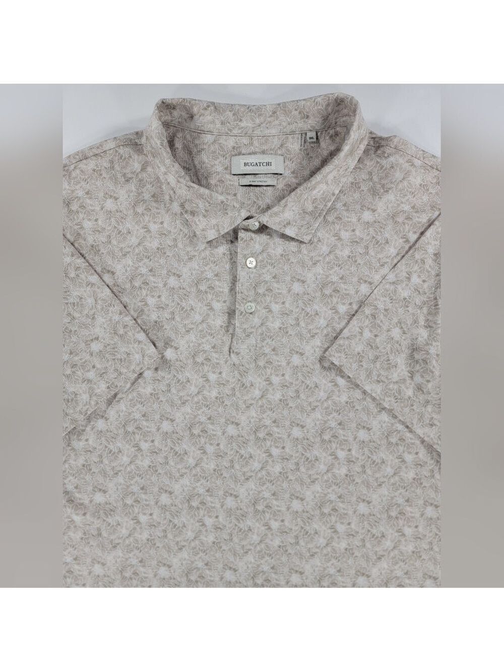 Bugatchi 8 Way Stretch Polo Shirt Men's 3XL Floral Print Beige Sand Cotton Blend